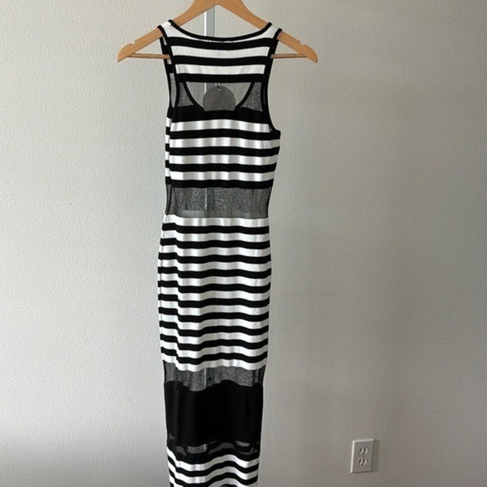 NWT Mesh Panel Dress M Y2K Black White Striped Bodycon Festival Streetwear Glam - Picture 13 of 16